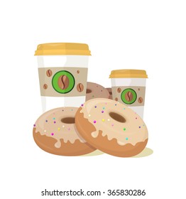 Sweet donuts set design flat food. Doughnut, donuts coffee, donut isolated, coffee and cookies, cake bakery, dessert menu, snack pastry, tasty illustration. Donuts shop. Donut icon. Donuts with coffee