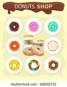 Sweet donuts set design flat food. Doughnut, donuts coffee, donut isolated, coffee and cookies, cake bakery, dessert menu, snack pastry, tasty illustration. Donuts shop. Donut icon. Donuts glaze