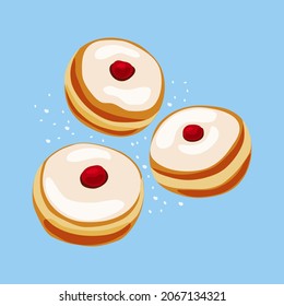 Sweet donuts set for Happy Jewish Holiday Hanukkah. Sufganiyot jelly doughnuts. Vector cartoon illustration of food. Isolated background.