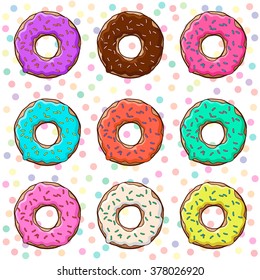 Sweet donuts set with icing and sprinkles isolated, pastel colors on white polka dot background. Vector