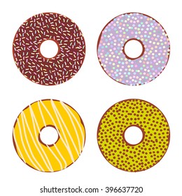 Sweet donuts set with icing and sprinkles isolated, pastel colors on white background. Vector