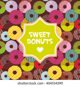 Sweet donuts set with icing and sprinkles, frame for text, brown background, banner design, card template, pastel colors frame for text. Vector
