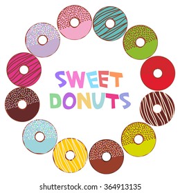 Sweet donuts set with icing and sprinkls isolated, pastel colors on white background round frame for text. Vector