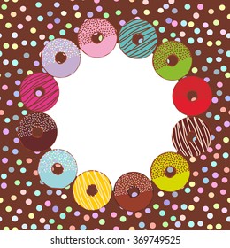 Sweet donuts set with icing and sprinkls, brown background, pastel colors polka dot background round frame for text. Vector