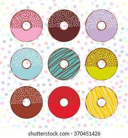 Sweet donuts set with icing and sprinkls isolated, pastel colors on white polka dot background. Vector