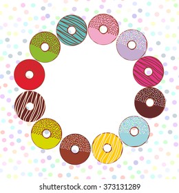Sweet donuts set with icing and sprinkls isolated, pastel colors polka dot background round frame for text. Vector