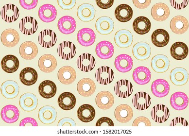 Sweet donuts with various decor on white background. Seamless vector illustration for menu design, cafe design, packaging boxes and paper.