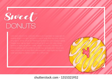 Sweet donuts vector banner lettering illustration on coral background with yellow doutss. Flyer or banner for candy shop