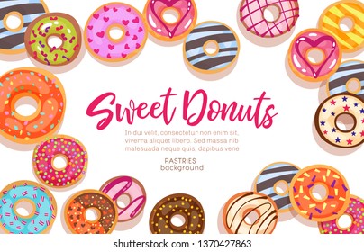 Sweet donuts.Colorful glazed pastries background. Honey,strawberry,chocolate and caramel toppings bakery with decorations top view.Cartoon flat style vector illustration