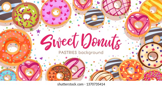 Sweet donuts.Colorful glazed pastries background. Honey,strawberry,chocolate and caramel toppings bakery with decorations top view.Cartoon flat style vector illustration