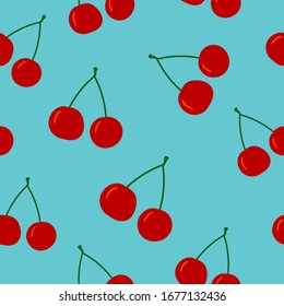 Sweet doodle cherries on calm blue background. Seamless summer fruit pattern. Suitable for wallpaper, packaging.