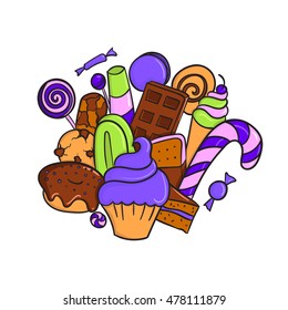 Sweet doodle collage. Vector hand drawn illustration. Cupcake, donut, ice-cream, biscuit, chocolate bar, macaron, candy, lollipop, cinnamon roll, cake