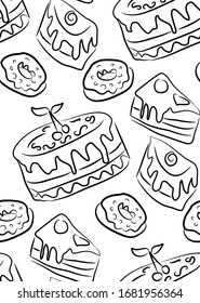 Sweet doodle pattern with cupcakes, cakes, candies and cones. hand drawn seamless pattern
