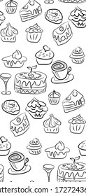 Sweet doodle pattern with cupcakes, cakes, candies and cones. hand drawn seamless pattern
