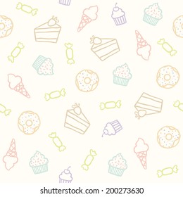 Sweet doodle pattern with cupcakes, cakes, candies and cones. Vector hand drawn seamless pattern