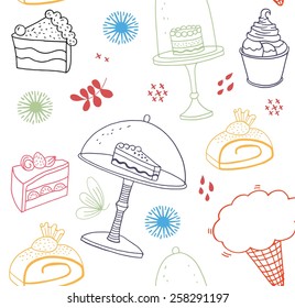 Sweet doodle pattern with cupcakes, cakes, candies and cones. 