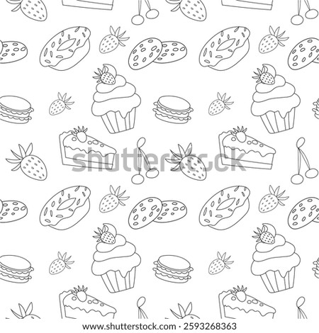 Sweet doodle is a seamless pattern of candies, muffins, goodies, pies and berries. Culinary background, wallpaper, packaging for pastry shops, coloring book, black and white.