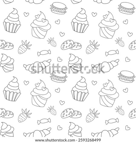 Sweet doodle is a seamless pattern of candies, muffins, goodies, pies and berries. Culinary background, wallpaper, packaging for pastry shops, coloring book, black and white.