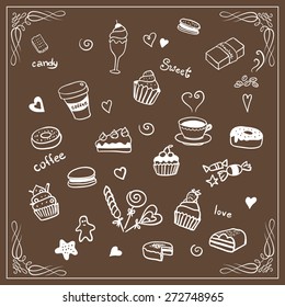 Sweet doodles with coffee, tea, latte, cappuccino, cakes, dessert, cream, bagels, donuts, chocolate, sweets, cake, ice cream, caramel, for your design. Vector illustration. Hand drawn.