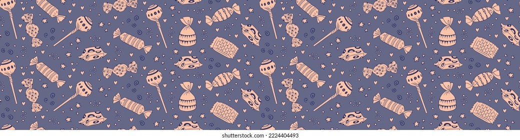 Sweet doodles seamless pattern. Hand drawn candies on blue background. Vector illustration.