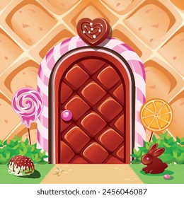 Sweet door to candy land. Sweet door with caramel edging and lollipops. Delicious pastry background in cartoon style. Vector illustration.