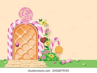 Sweet door to candy land. Sweet door with caramel edging and lollipops. Delicious pastry background in cartoon style. Vector illustration.