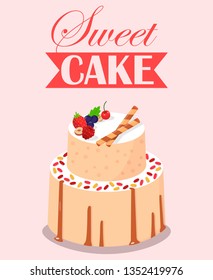 Sweet Double Decker Cake Banner Vector Illustration. Dessert for Celebrations such as Birthday, Wedding Party. Delicious Biscuit with Strawberry, Raspberry, Cherry, Blueberry Covered with Glaze.