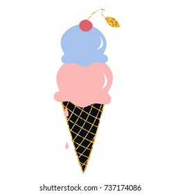 Sweet double waffle scoop ice cream cone with cherry on white background, vector illustration in Scandinavian minimalist style