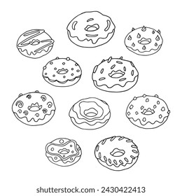 Sweet doughnut hand drawn outline illustration. Simple food with sugar, delicious vector decoration. Bakery set ready for eat pen drawing culinary logo. Doddle pastry snack symbol drawing decoration.