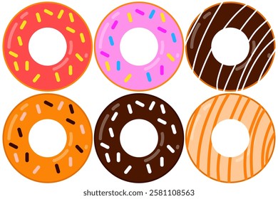Sweet doughnut. Set with different toppings donut. Isolated vector illustration.