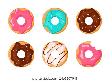 Sweet doughnuts. Cartoon donuts with different toppings, doughnut pastry dessert food set. Top view delicious sweet desserts donut with chocolate glaze and sprinkles. Donuts glazed dessert collection.