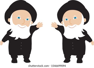 A sweet drawing illustration of 2 Hasidic Jewish rabbis. Grandparents with white beards and black hats dancing. Sing and rejoice. On a white background. vector.