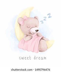 sweet dream with cartoon girl bear sleeping on the moon illustration