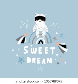 Sweet dream creative lettering concept. Childish hand drawn phrase with bear illustration. Perfectly look on t-shirt, poster, nursery decoration, apparel design. Kids Vector Illustration