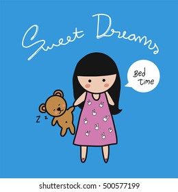Sweet dream girl with bear doll cartoon illustration