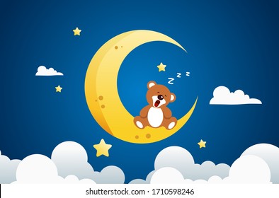 Sueño dulce y concepto de Buenas noches Antecedentes. el oso de peluche está durmiendo en la luna. Espacio para el texto.