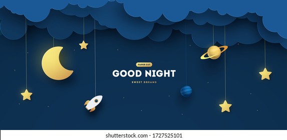 Sweet dream and Good night concept illustration, Baby shower greeting card, Invitation Template, vector paper art