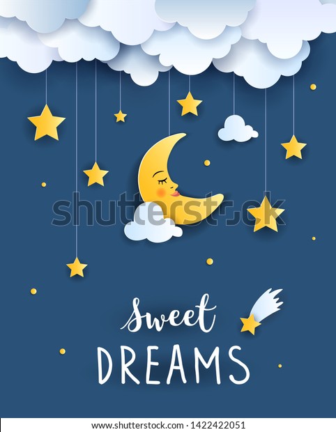Sweet dream\
and Good night concept illustration, Baby shower greeting card,\
Invitation Template, vector paper\
art
