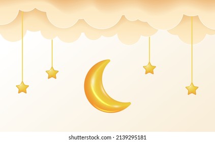 Sweet Dream Lullaby 3d Yellow Moon And Star With Cloud. Good Night Baby Shower Illustration Concept.