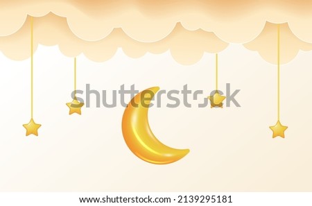 Sweet dream lullaby 3d yellow moon and star with cloud. good night baby shower illustration concept.