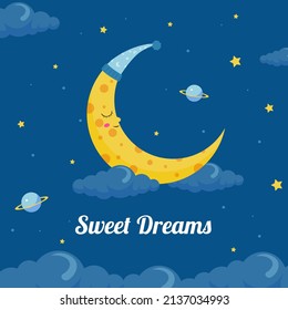 Sweet dream lullaby illustration concept for baby with asleep crescent moon at blue night sky