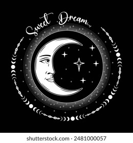 Sweet Dream A moon with the face of a woman and the stars, Moon Tarot Stock Vector, Boho chic tattoo, poster, altar veil, tapestry or fabric print design vector illustration, Hand drawn celestial Moon