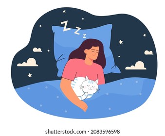 Sweet dream and rest of young woman and cat. Girl and cute pet sleeping in comfortable bed, lying under cozy duvet, top view flat vector illustration. Deep sleep at night, relax, bedtime concept