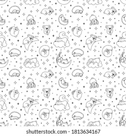 Sweet dream seamless pattern with cute sleeping animals:  bunny, squirrel, hedgehog, koala. Childish bedtime illustration. Black and white. Colored page background