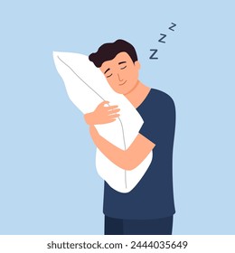 Sweet dream or sleep concept. Sleeping young man hugging pillow.