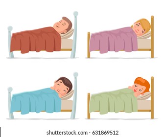 Sweet dream sleep man woman children boy girl bed rest night blanket pillow cartoon isolated design set vector illustration