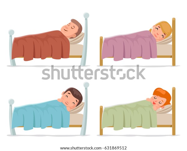 甘い夢の睡眠男の子少年少女ベッド休みのナイトブランケット枕漫画分離型デザインセットベクターイラスト のベクター画像素材 ロイヤリティフリー
