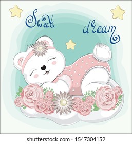 sweet dream sleeping girl baby teddy bear on cloud in flower. Picture in hand drawing style for baby shower. Greeting card, party invitation, fashion clothes t-shirt print