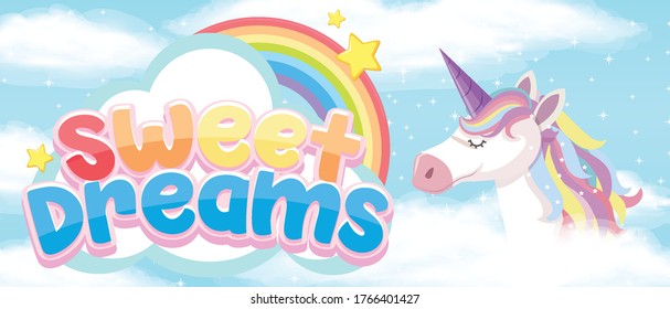 Sweet dream symbol with unicorn on sky background illustration