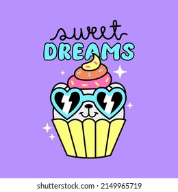 SWEET DREAM TEXT, ILUSTRATION OF A BEAR SHAPED CUPCAKE WITH GLASSES, SLOGAN PRINT VECTOR